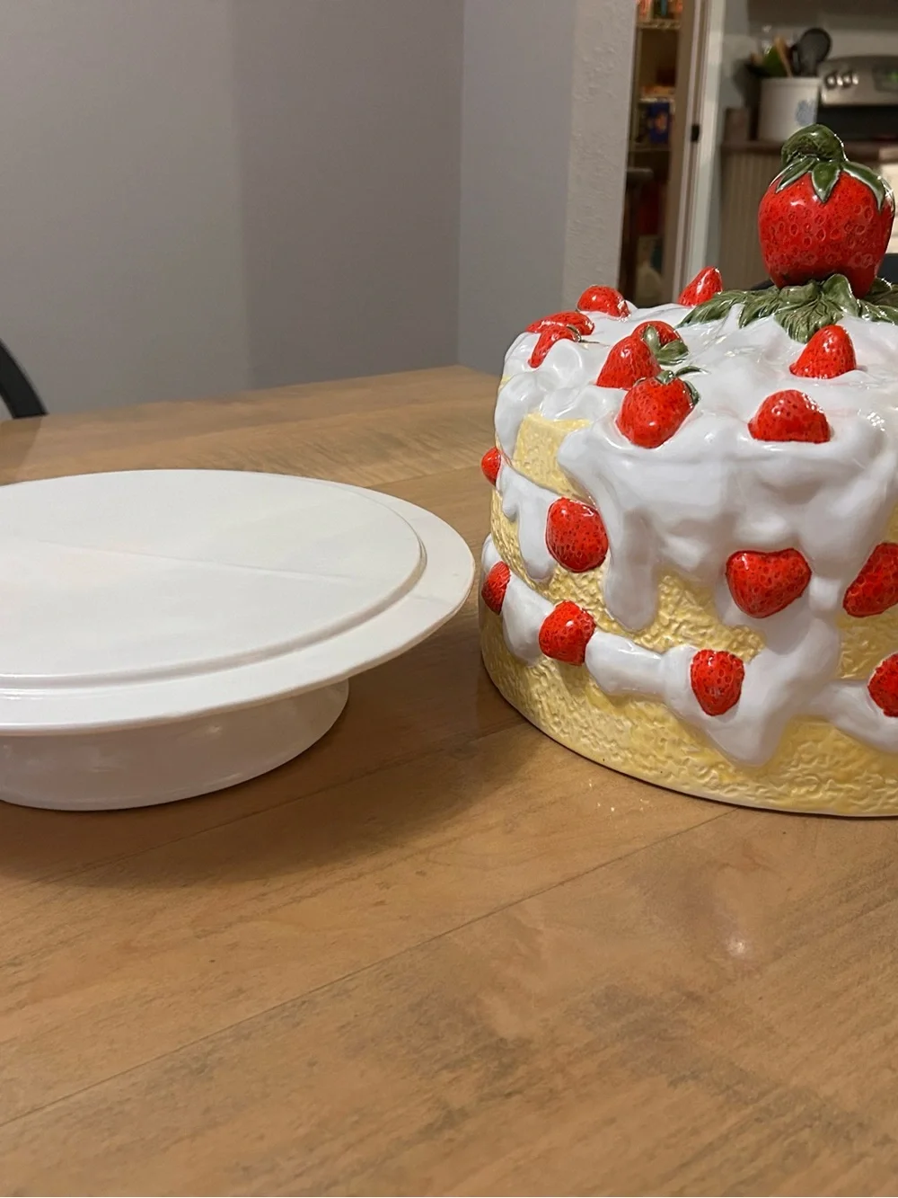 Vintage Strawberry Shortcake Hand painted Ceramic Cake Stand- White, Red, Green